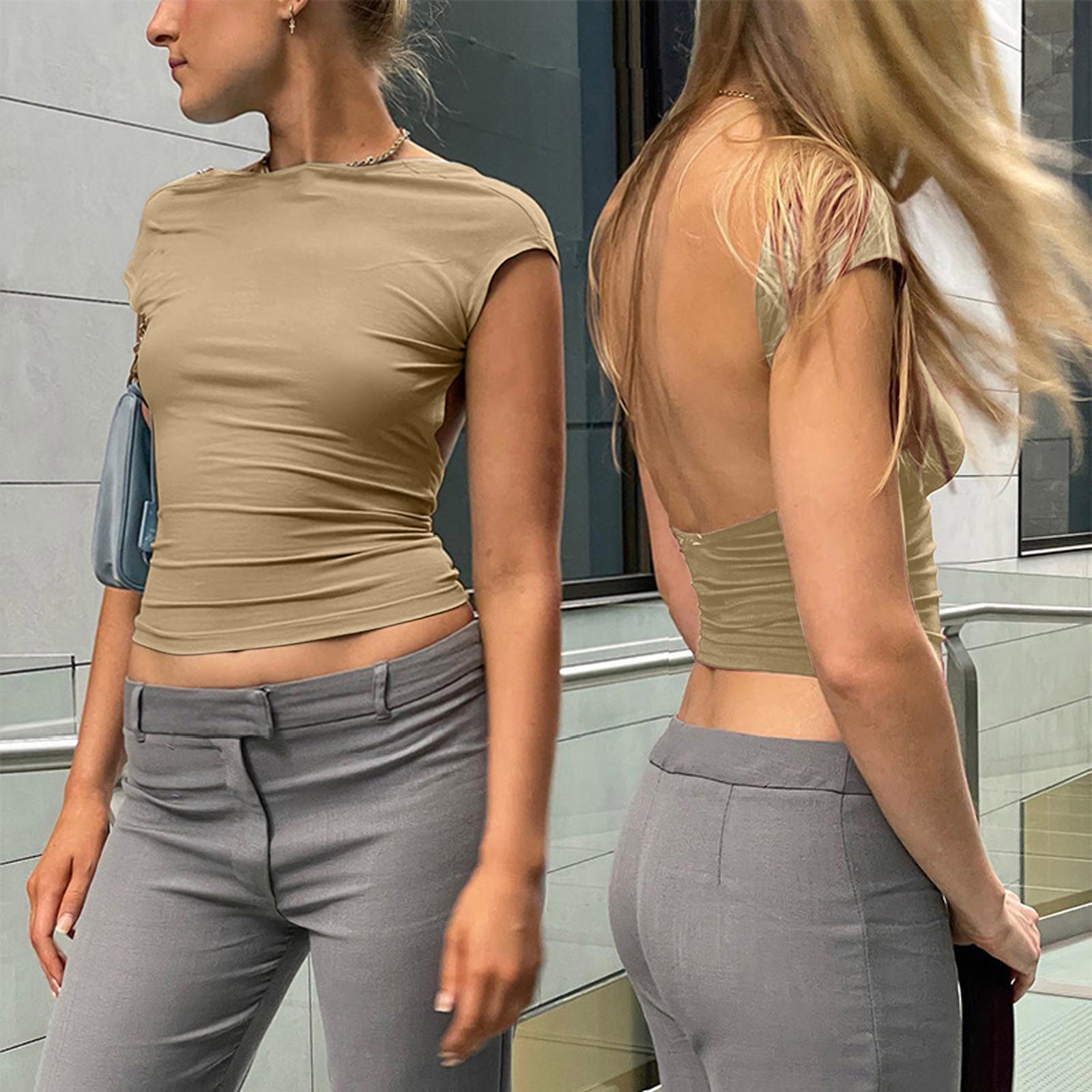 thumbnail image 2 of Top corto sin espalda de manga corta liso para mujer: camiseta sexy informal de verano con cuello redondo y corte recto, 2 of 6